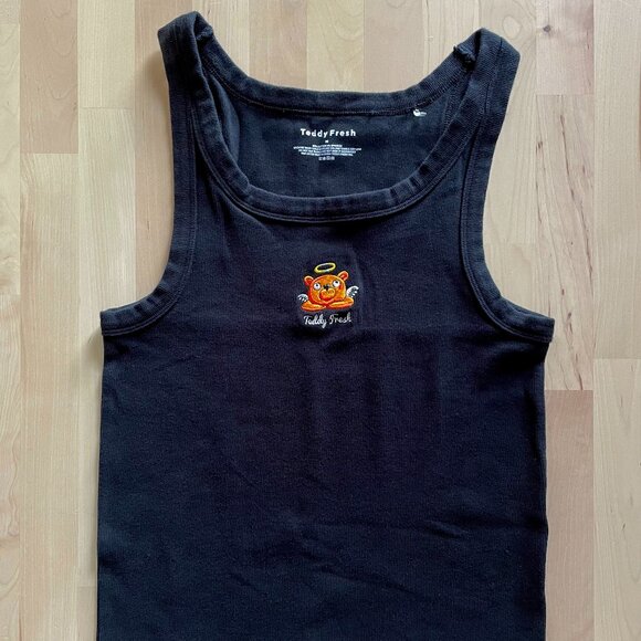 Teddy Fresh Women's Black Tank Top Angel Bear Good Bears Go To Heaven sz Medium - Picture 1 of 4